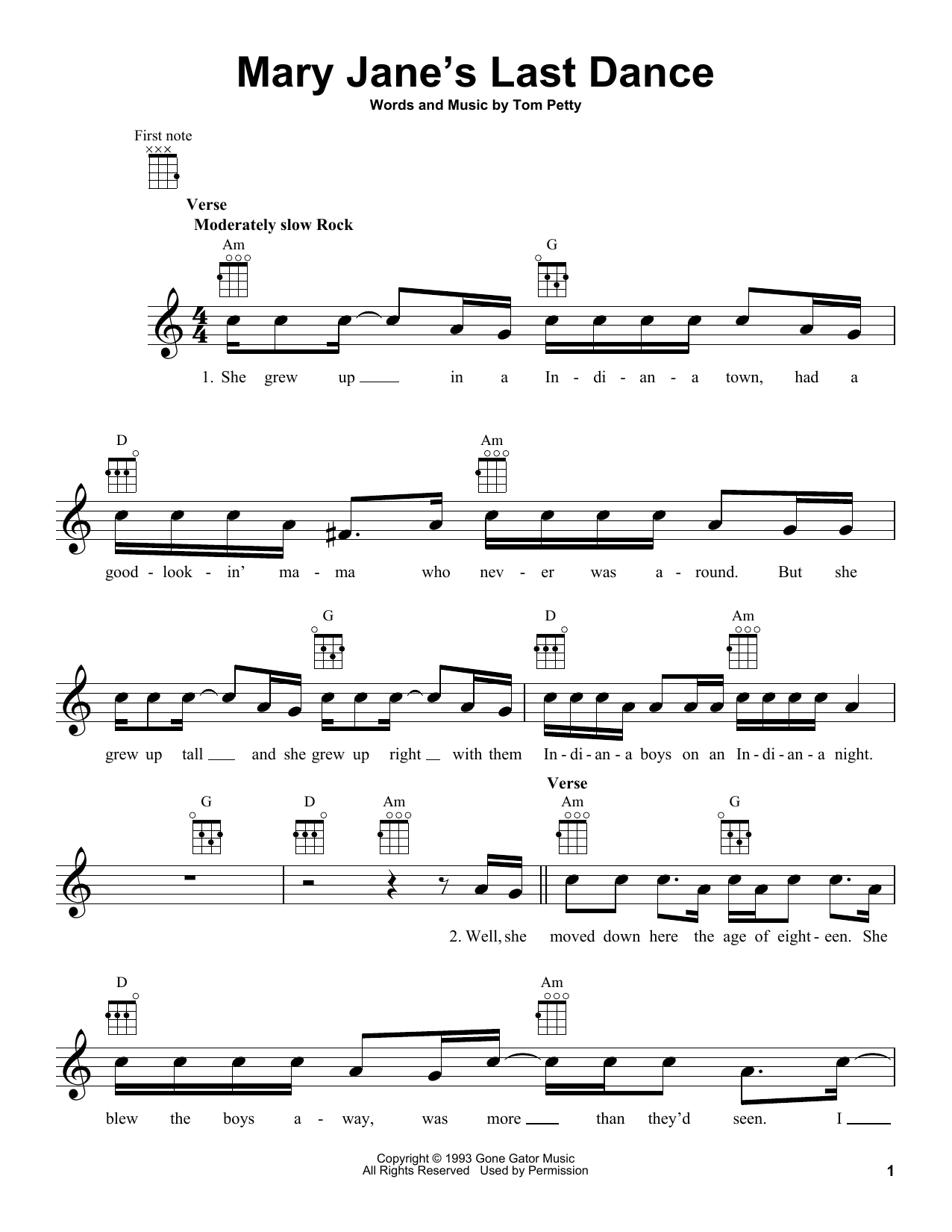 Download Tom Petty Mary Jane's Last Dance Sheet Music and learn how to play Ukulele PDF digital score in minutes