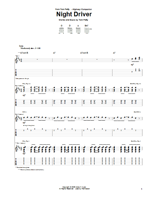 Download Tom Petty Night Driver Sheet Music and learn how to play Guitar Tab PDF digital score in minutes