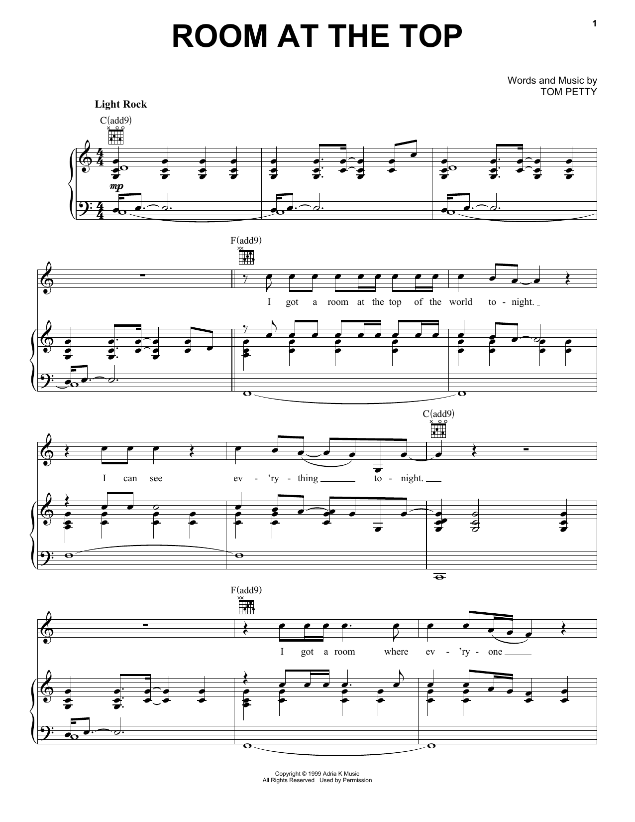 Download Tom Petty Room At The Top Sheet Music and learn how to play Piano, Vocal & Guitar (Right-Hand Melody) PDF digital score in minutes