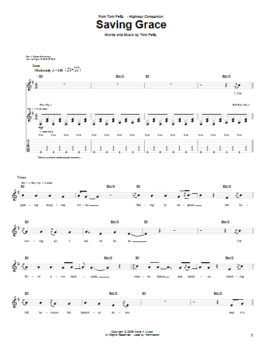 Download Tom Petty Saving Grace Sheet Music and learn how to play Easy Guitar Tab PDF digital score in minutes