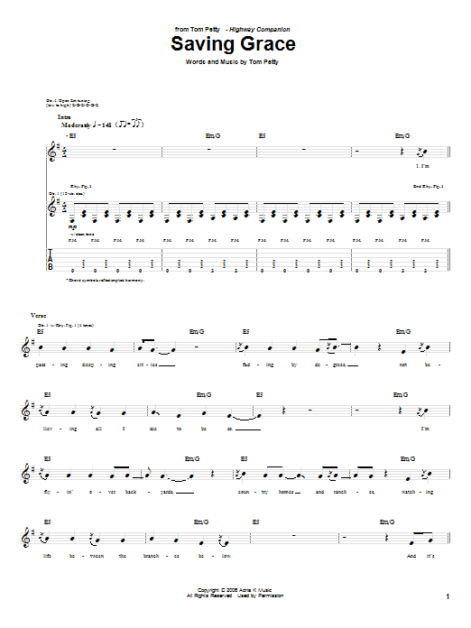 Download Tom Petty Saving Grace Sheet Music and learn how to play Piano, Vocal & Guitar (Right-Hand Melody) PDF digital score in minutes