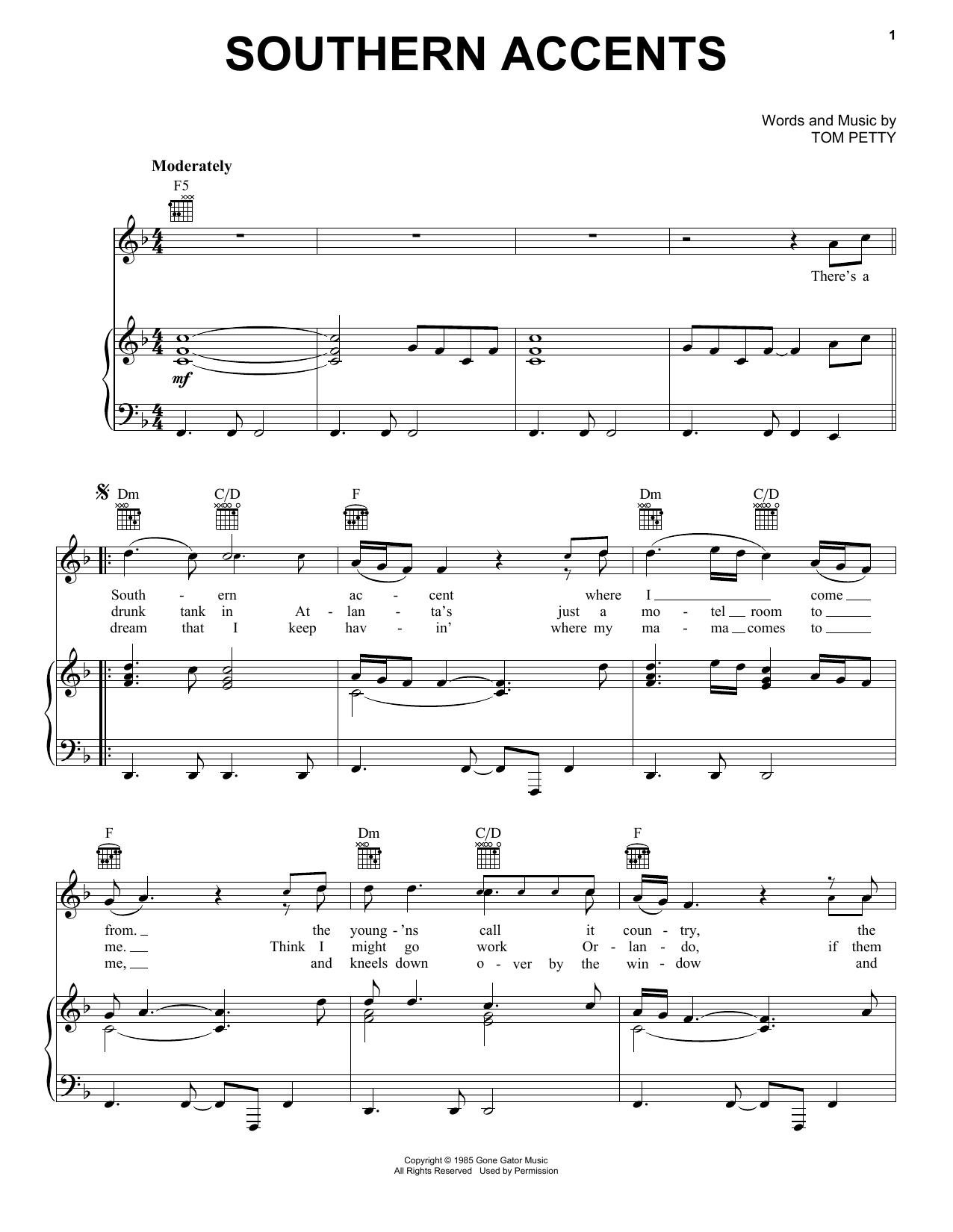 Download Tom Petty Southern Accents Sheet Music and learn how to play Piano, Vocal & Guitar (Right-Hand Melody) PDF digital score in minutes