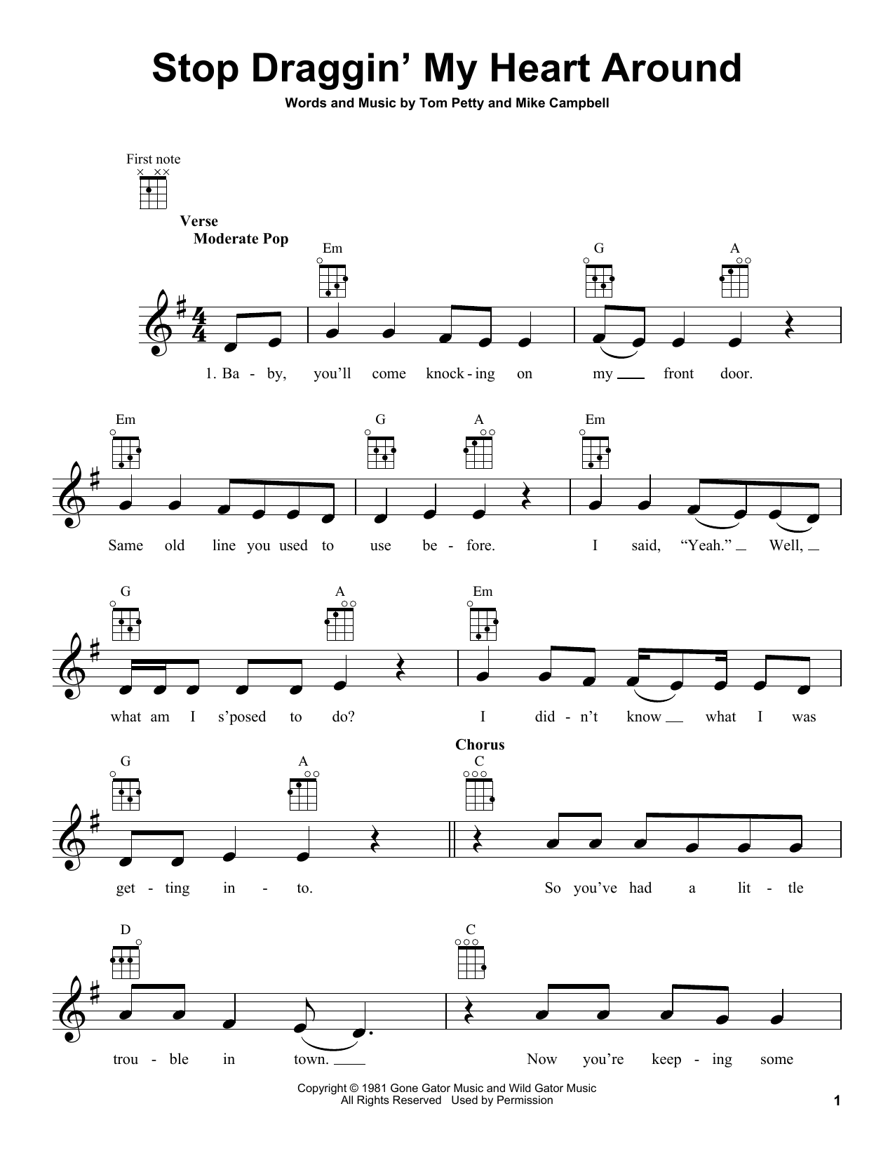 Download Tom Petty Stop Draggin' My Heart Around Sheet Music and learn how to play Ukulele PDF digital score in minutes
