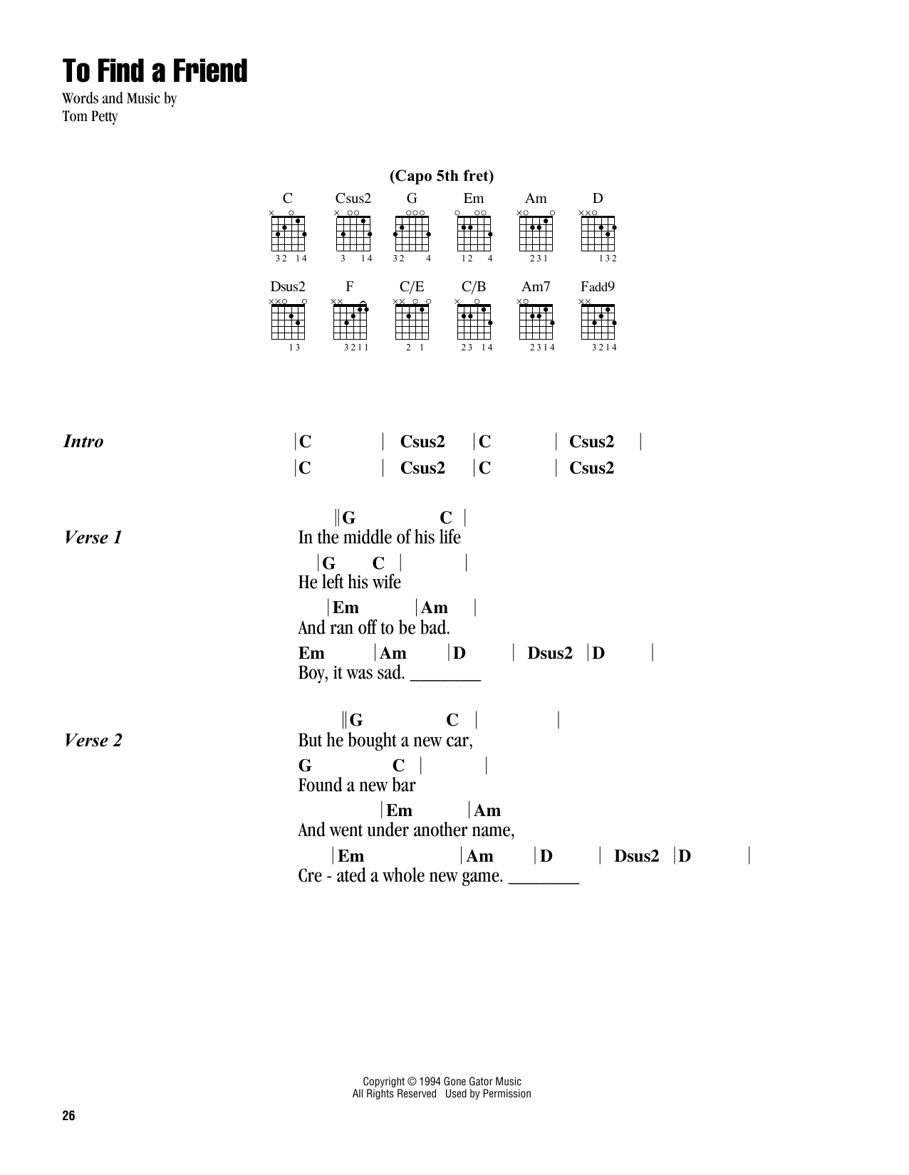 Download Tom Petty To Find A Friend Sheet Music and learn how to play Guitar Chords/Lyrics PDF digital score in minutes