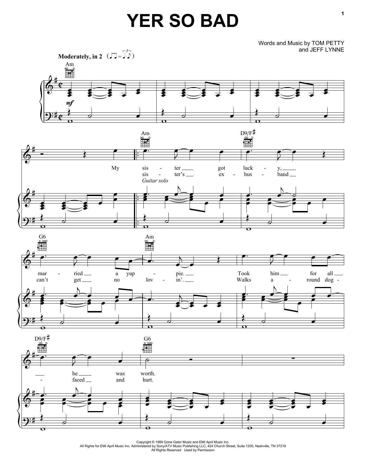 Download Tom Petty Yer So Bad Sheet Music and learn how to play Piano, Vocal & Guitar (Right-Hand Melody) PDF digital score in minutes