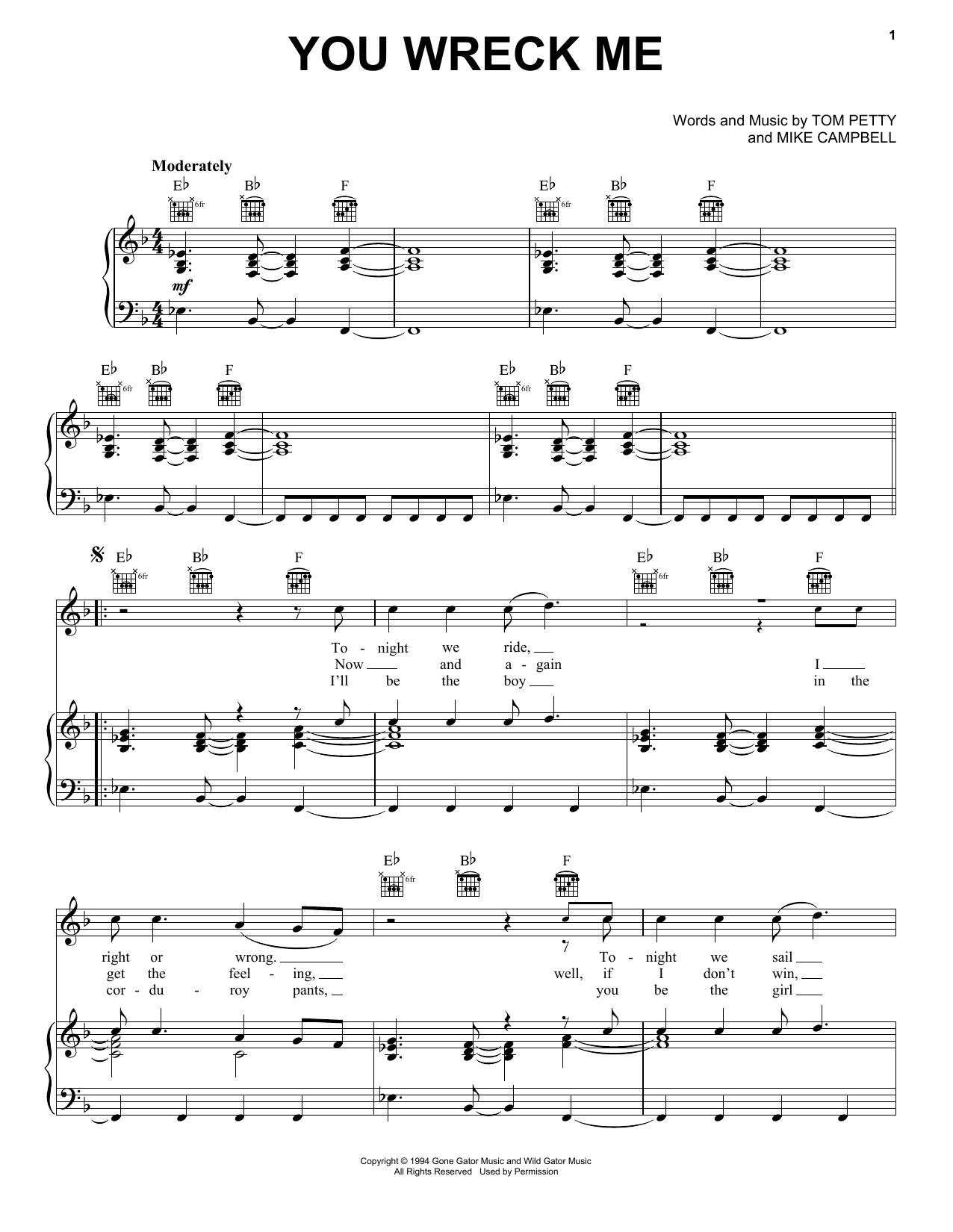 Download Tom Petty You Wreck Me Sheet Music and learn how to play Piano, Vocal & Guitar (Right-Hand Melody) PDF digital score in minutes