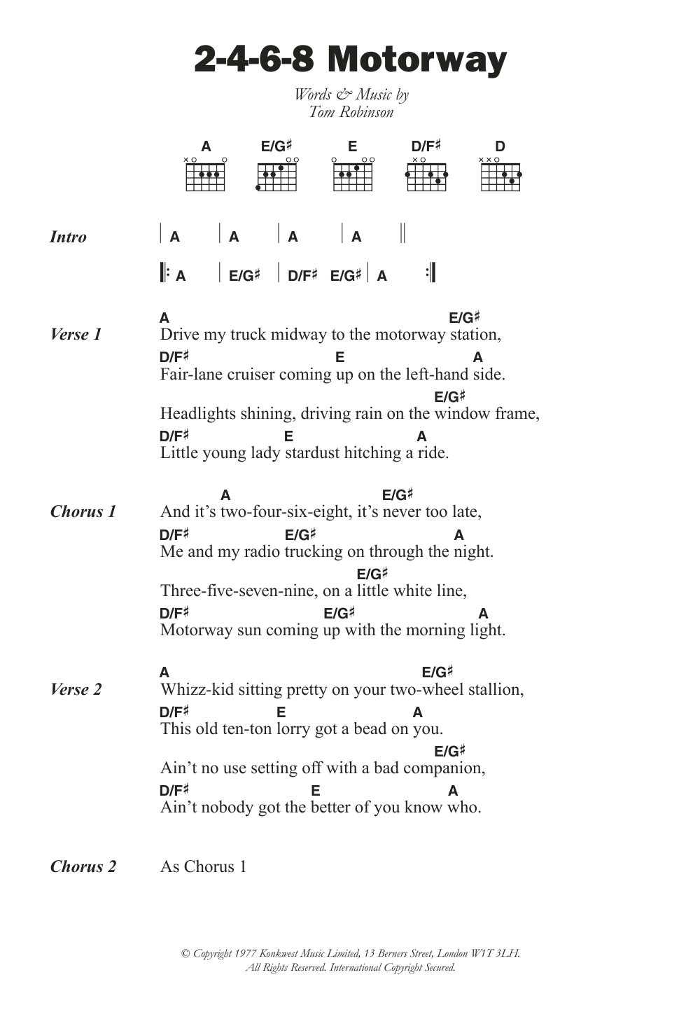 Download Tom Robinson Band 2-4-6-8 Motorway Sheet Music and learn how to play Lyrics & Chords PDF digital score in minutes