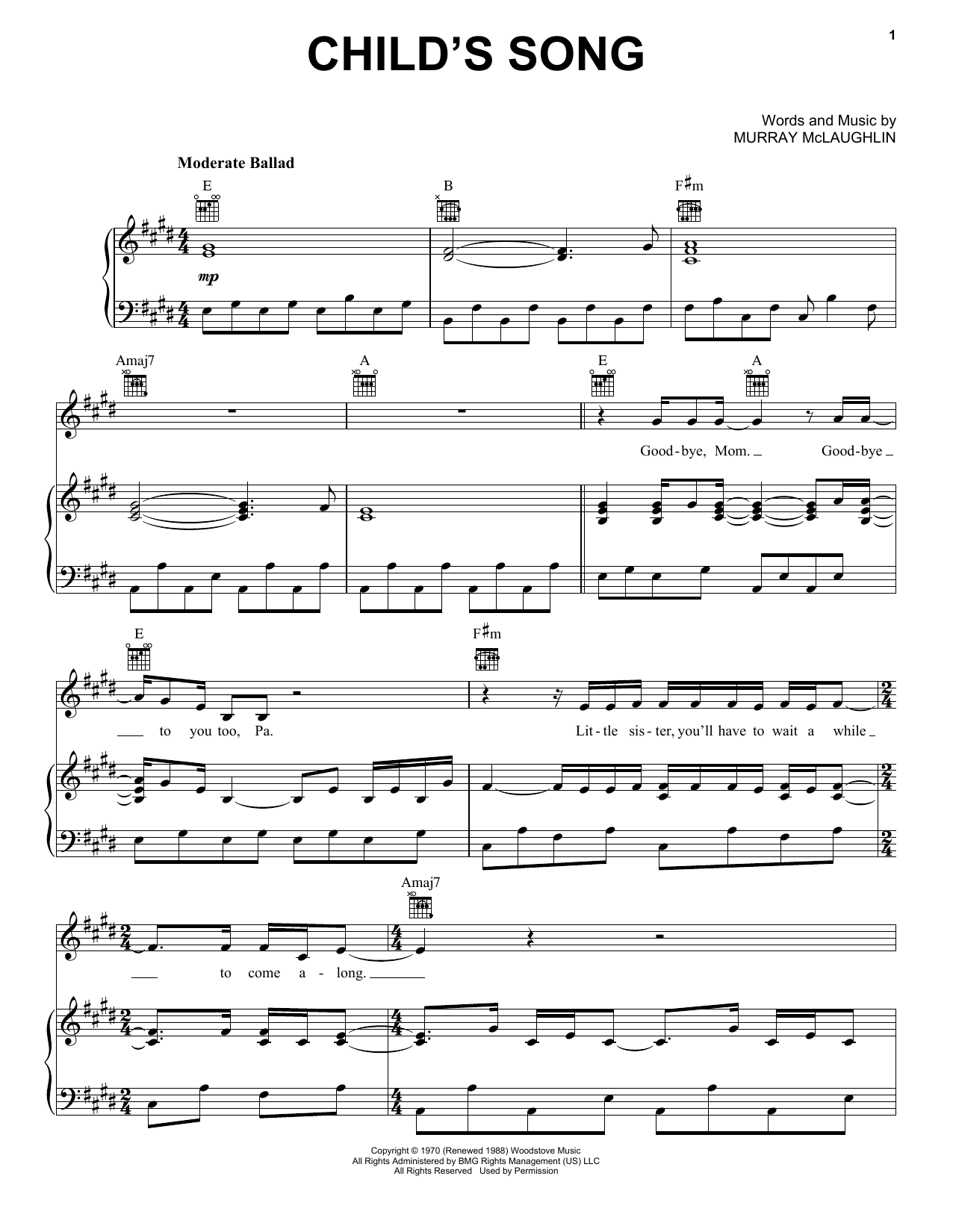 Download Tom Rush Child's Song Sheet Music and learn how to play Piano, Vocal & Guitar (Right-Hand Melody) PDF digital score in minutes