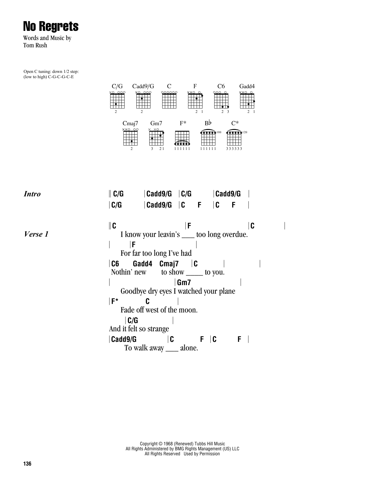 Download Tom Rush No Regrets Sheet Music and learn how to play Lyrics & Chords PDF digital score in minutes