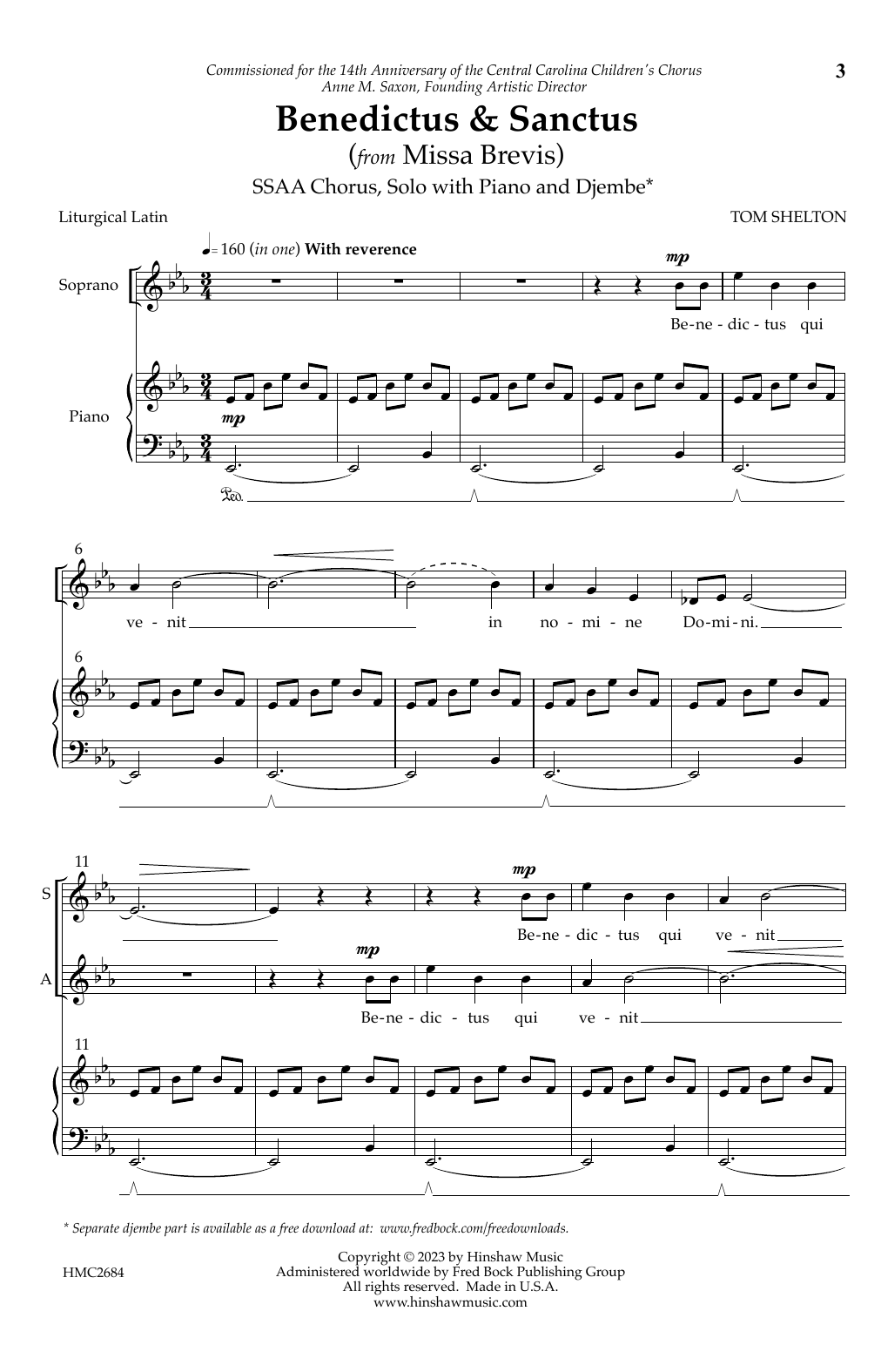 Download Tom Shelton Benedictus & Sanctus (from Missa Brevis) Sheet Music and learn how to play SSAA Choir PDF digital score in minutes