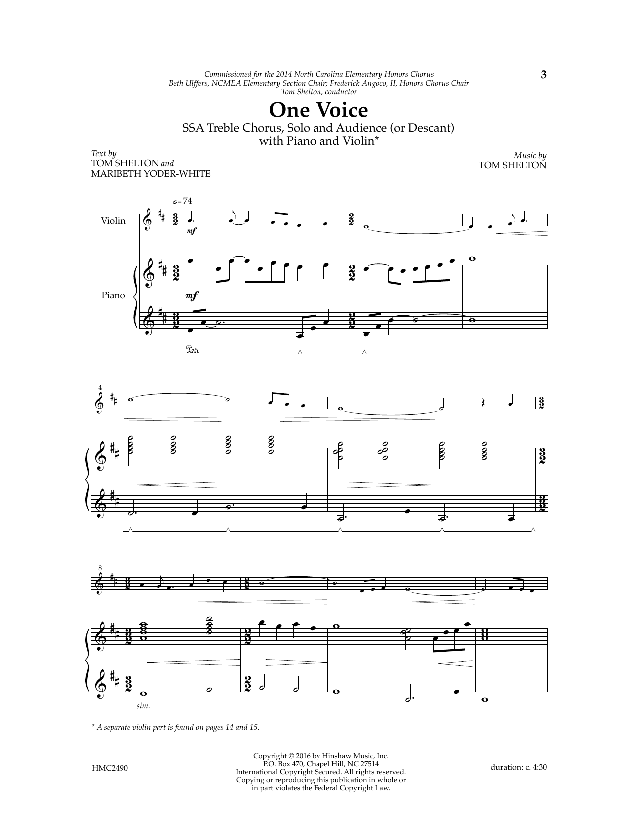 Download Tom Shelton One Voice Sheet Music and learn how to play SSA Choir PDF digital score in minutes