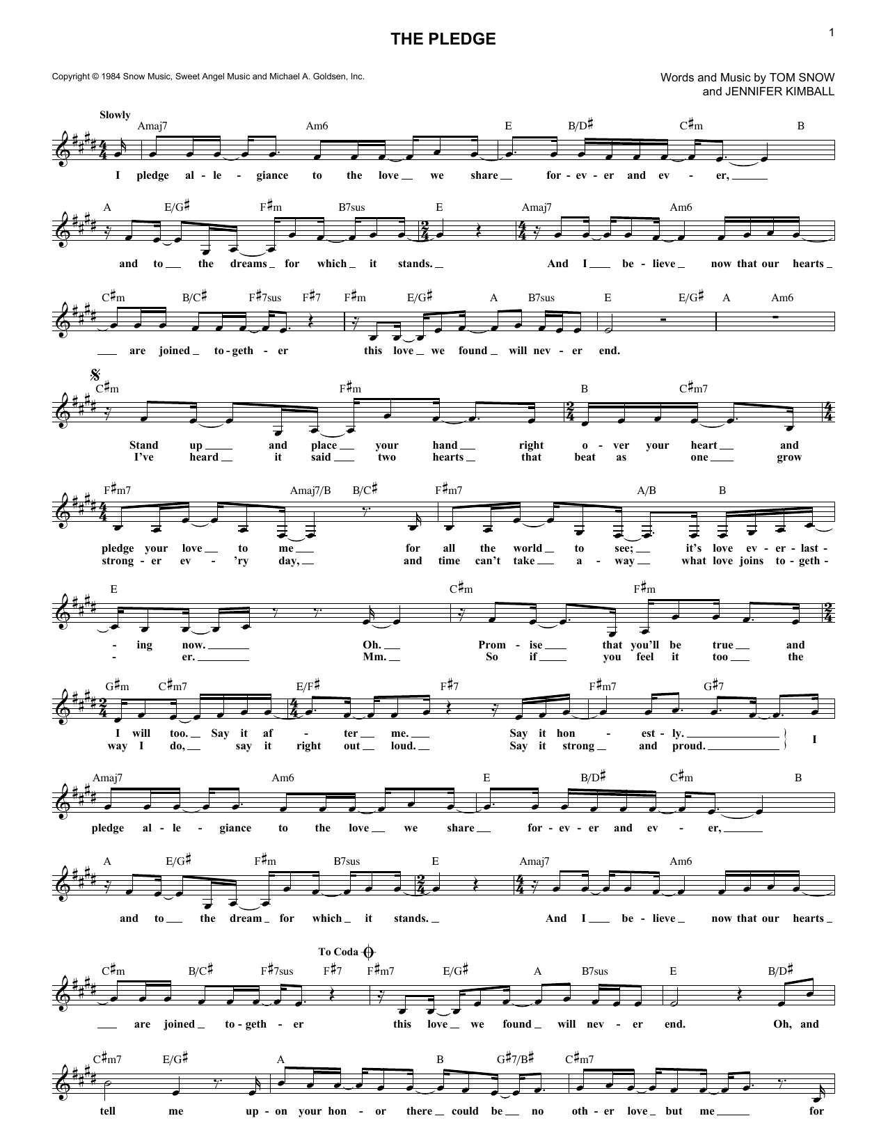 Download Tom Snow The Pledge Sheet Music and learn how to play Lead Sheet / Fake Book PDF digital score in minutes