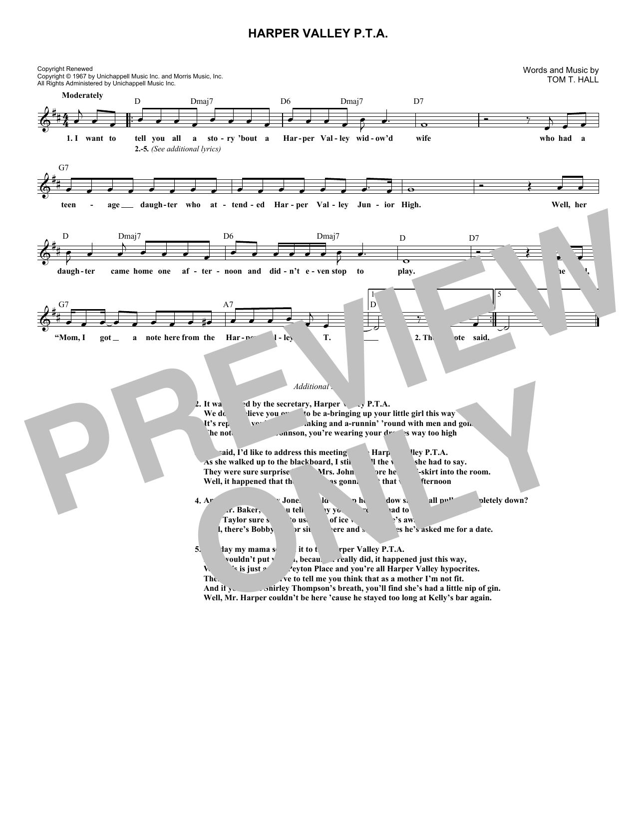 Download Tom T. Hall Harper Valley P.T.A. Sheet Music and learn how to play Melody Line, Lyrics & Chords PDF digital score in minutes