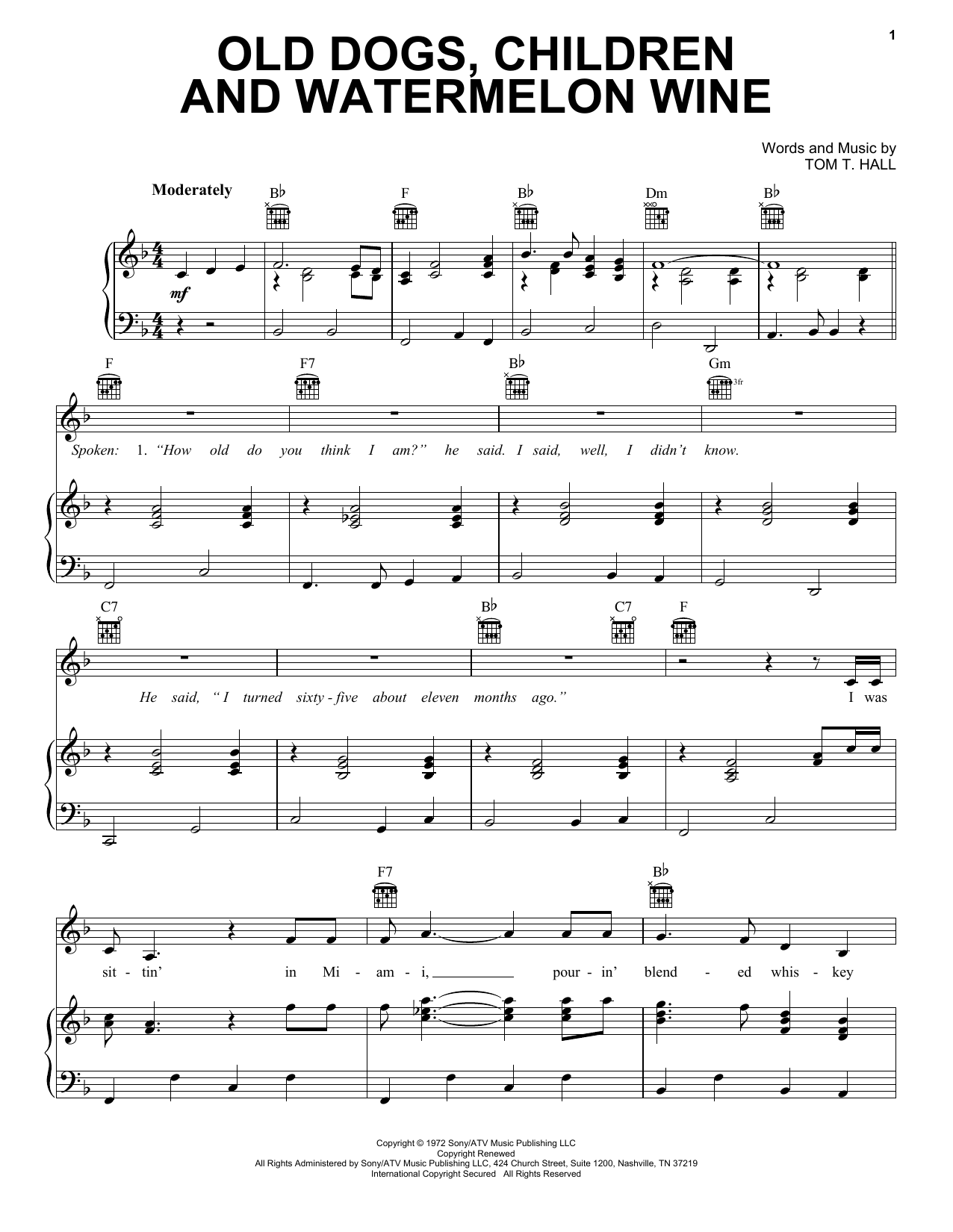Download Tom T. Hall Old Dogs, Children And Watermelon Wine Sheet Music and learn how to play Lyrics & Chords PDF digital score in minutes