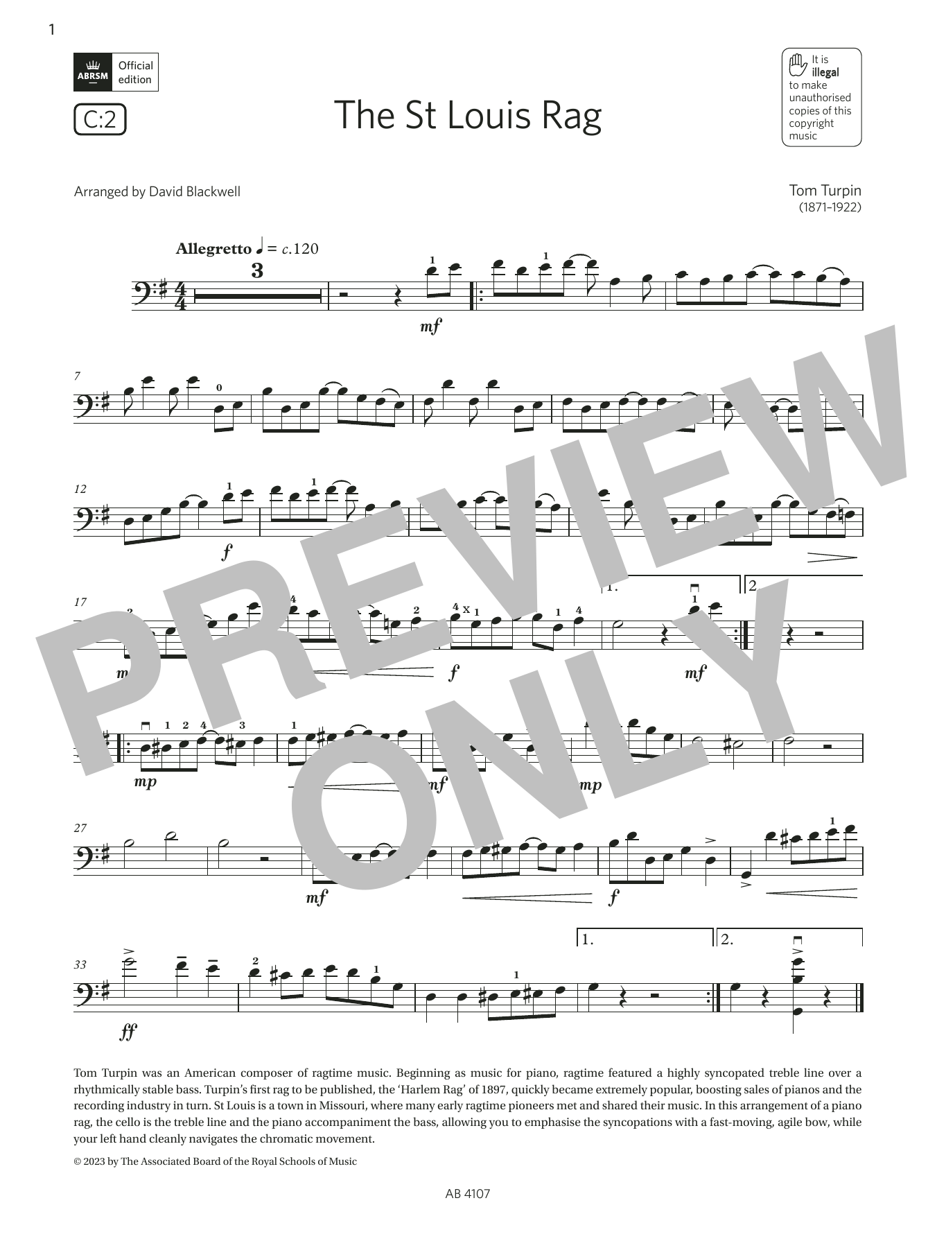 Download Tom Turpin The St Louis Rag (Grade 4, C2, from the ABRSM Cello Syllabus from 2024) Sheet Music and learn how to play Cello Solo PDF digital score in minutes