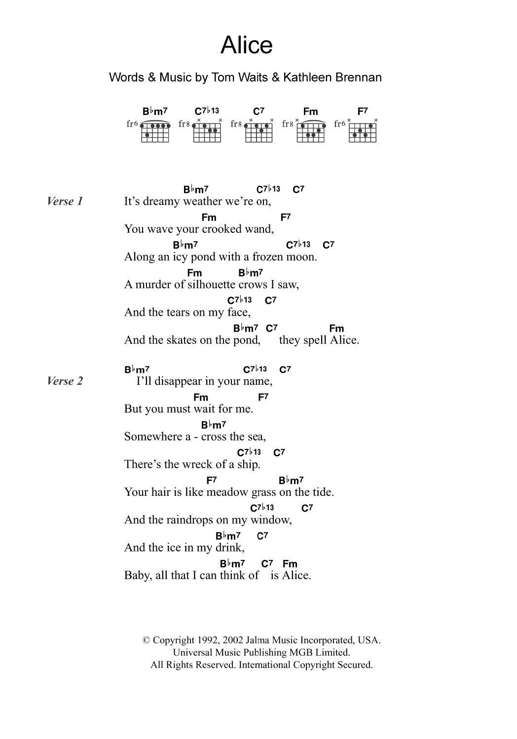 Download Tom Waits Alice Sheet Music and learn how to play Lyrics & Chords PDF digital score in minutes