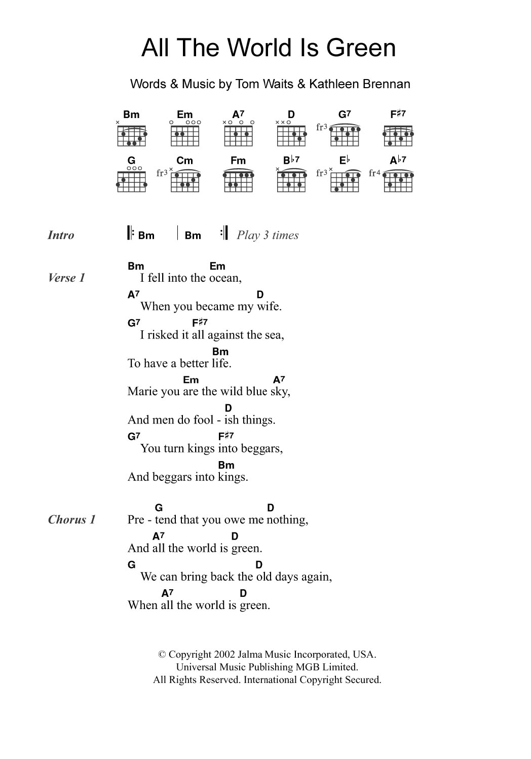 Download Tom Waits All The World Is Green Sheet Music and learn how to play Lyrics & Chords PDF digital score in minutes