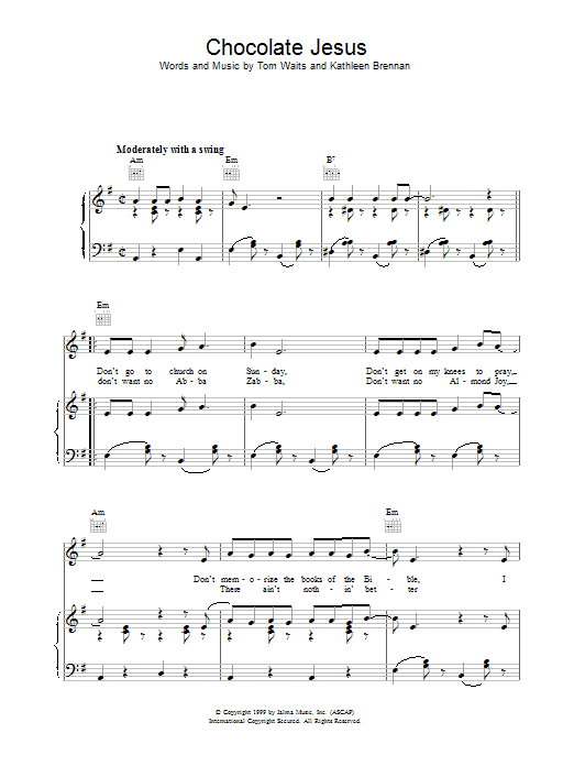 Download Tom Waits Chocolate Jesus Sheet Music and learn how to play Piano, Vocal & Guitar (Right-Hand Melody) PDF digital score in minutes