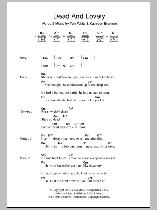 Download Tom Waits Dead And Lovely Sheet Music and learn how to play Lyrics & Chords PDF digital score in minutes