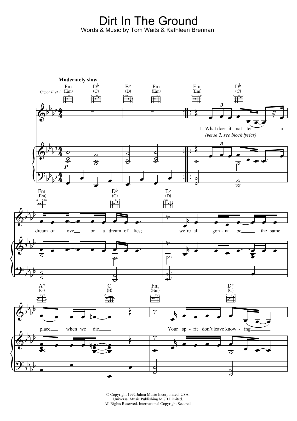 Download Tom Waits Dirt In The Ground Sheet Music and learn how to play Piano, Vocal & Guitar PDF digital score in minutes