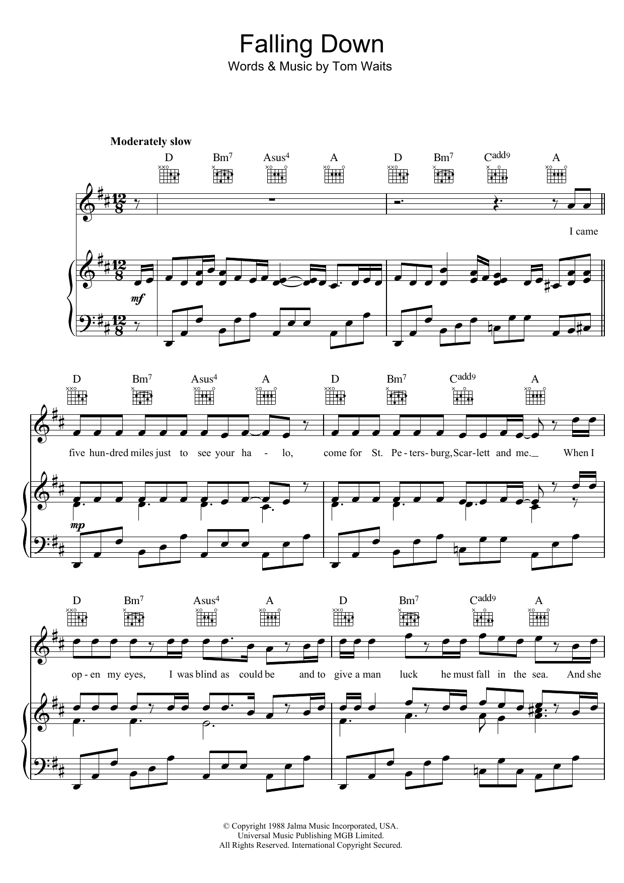 Download Tom Waits Falling Down Sheet Music and learn how to play Lyrics & Chords PDF digital score in minutes