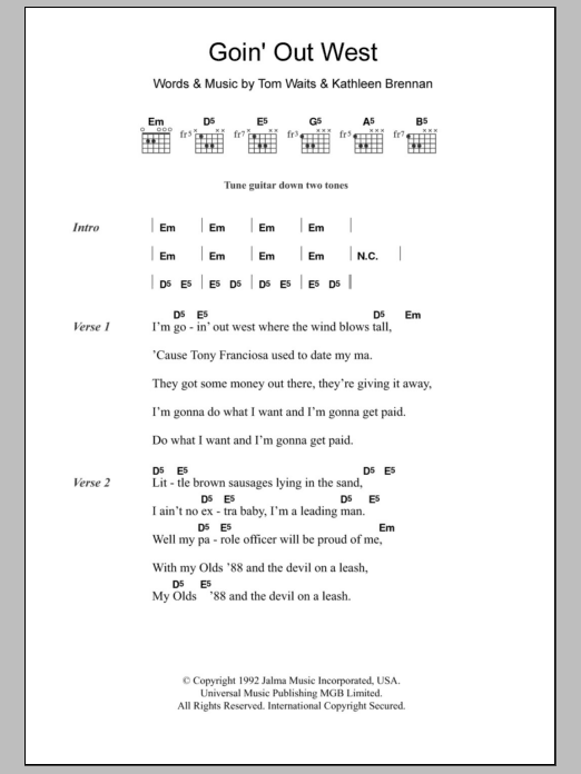 Download Tom Waits Goin' Out West Sheet Music and learn how to play Lyrics & Chords PDF digital score in minutes