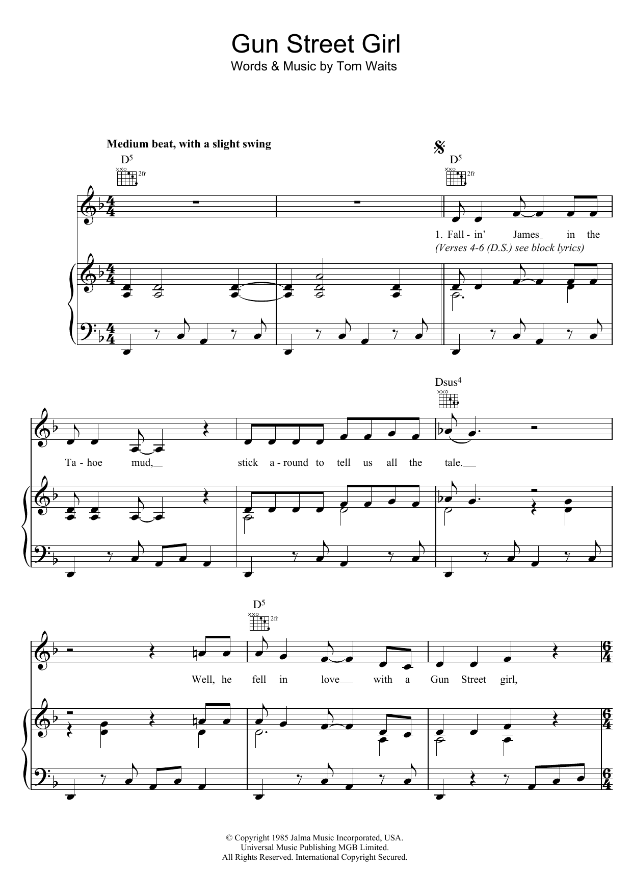 Download Tom Waits Gun Street Girl Sheet Music and learn how to play Piano, Vocal & Guitar PDF digital score in minutes