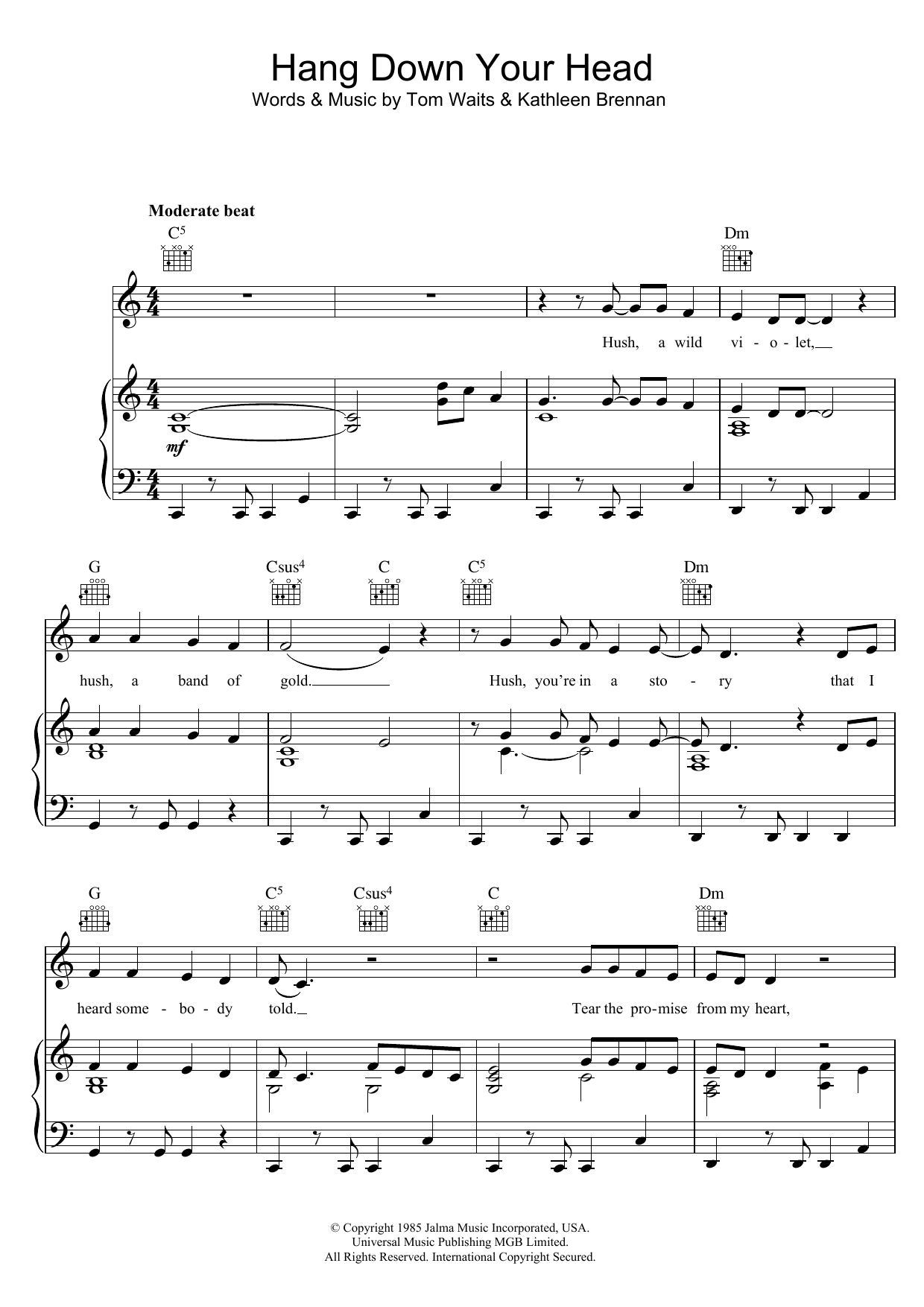 Download Tom Waits Hang Down Your Head Sheet Music and learn how to play Lyrics & Chords PDF digital score in minutes