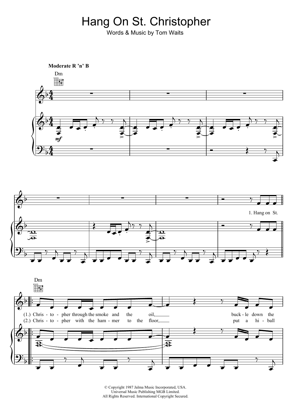 Download Tom Waits Hang On St. Christopher Sheet Music and learn how to play Piano, Vocal & Guitar PDF digital score in minutes