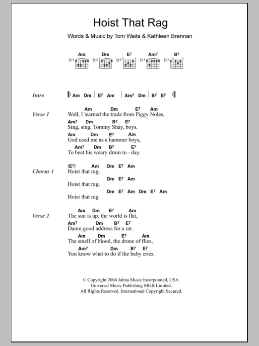 Download Tom Waits Hoist That Rag Sheet Music and learn how to play Lyrics & Chords PDF digital score in minutes