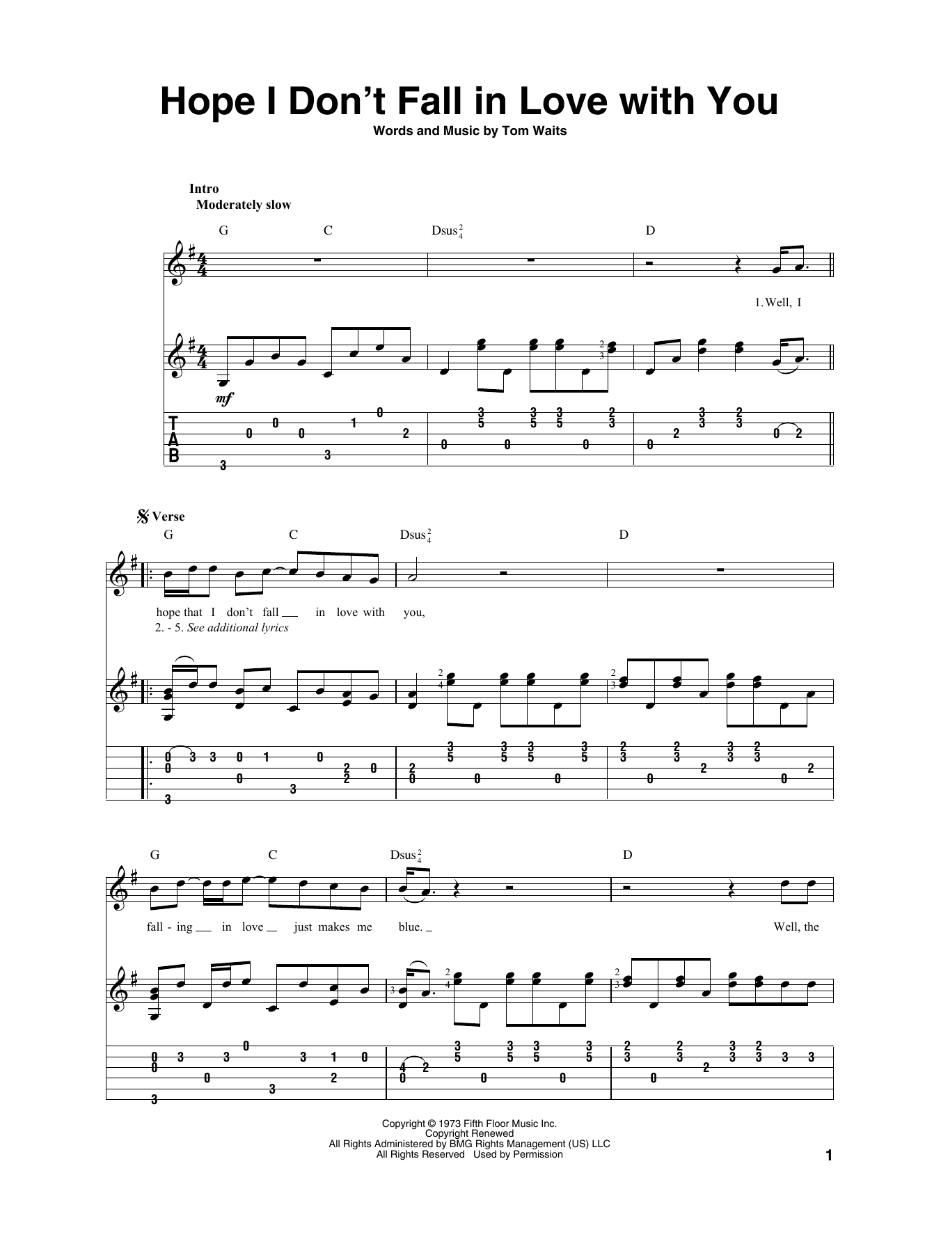 Download Tom Waits Hope I Don't Fall In Love With You Sheet Music and learn how to play Solo Guitar PDF digital score in minutes