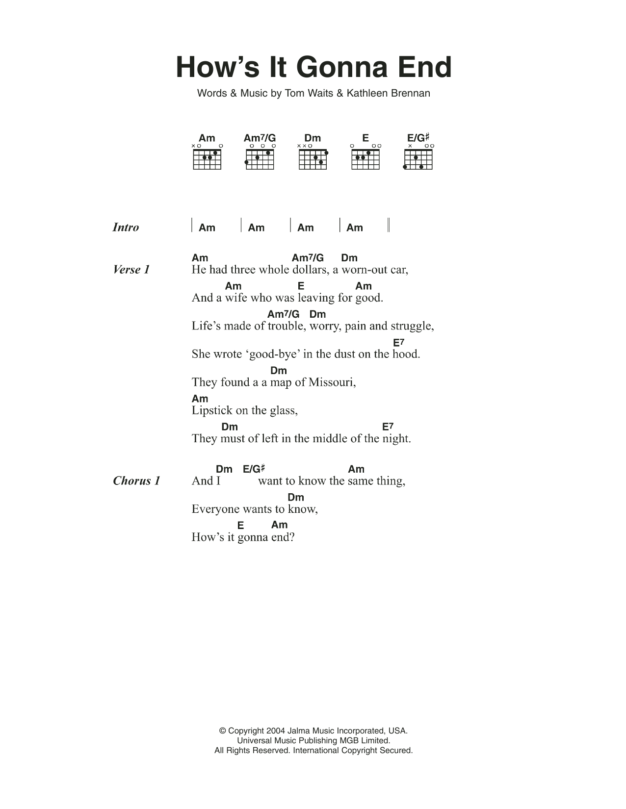 Download Tom Waits How's It Gonna End Sheet Music and learn how to play Lyrics & Chords PDF digital score in minutes