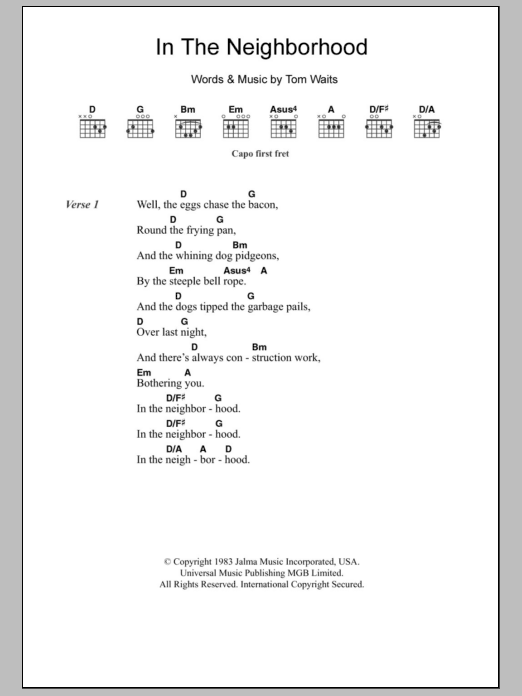 Download Tom Waits In The Neighborhood Sheet Music and learn how to play Lyrics & Chords PDF digital score in minutes