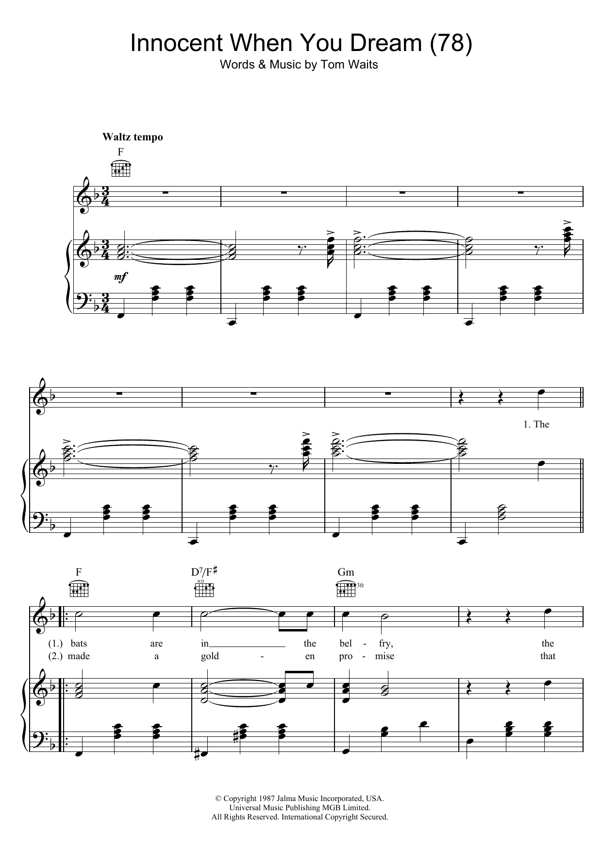 Download Tom Waits Innocent When You Dream (78) Sheet Music and learn how to play Piano, Vocal & Guitar PDF digital score in minutes