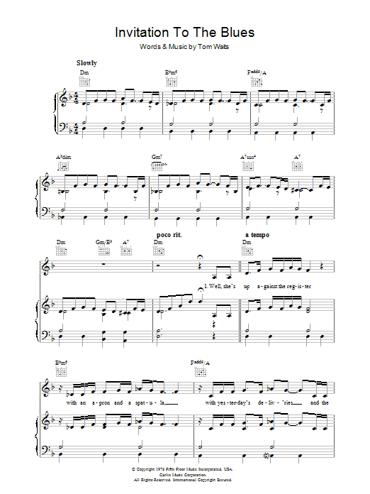 Download Tom Waits Invitation To The Blues Sheet Music and learn how to play Piano, Vocal & Guitar (Right-Hand Melody) PDF digital score in minutes