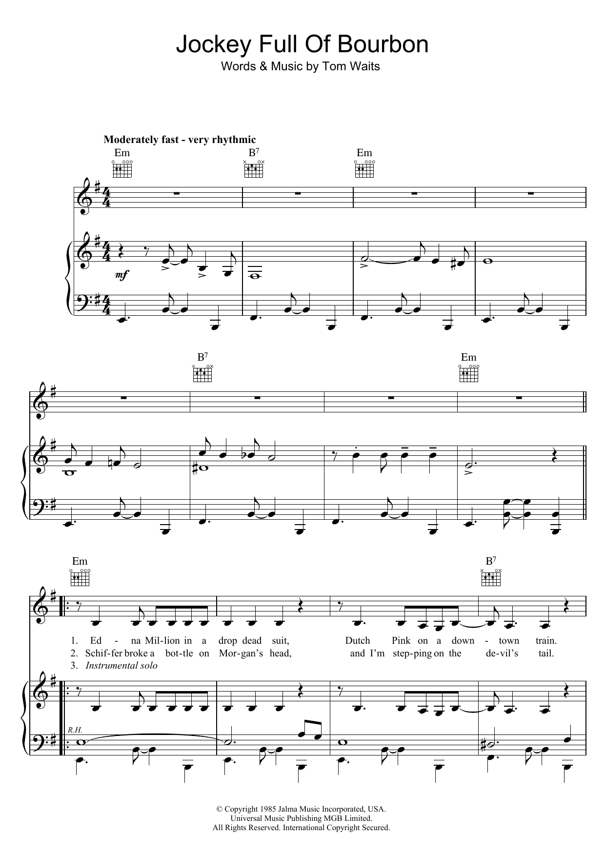 Download Tom Waits Jockey Full Of Bourbon Sheet Music and learn how to play Piano, Vocal & Guitar PDF digital score in minutes