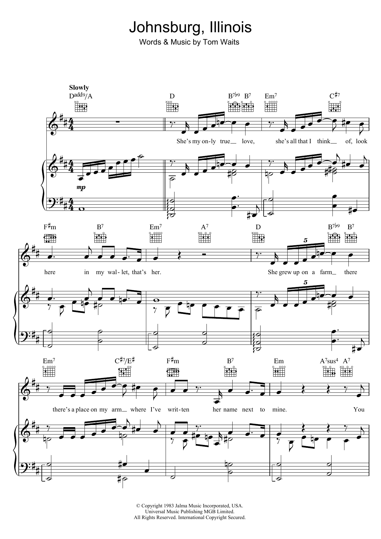 Download Tom Waits Johnsburg, Illinois Sheet Music and learn how to play Piano, Vocal & Guitar PDF digital score in minutes