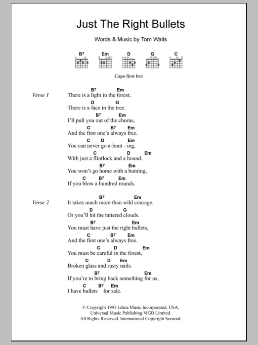 Download Tom Waits Just The Right Bullets Sheet Music and learn how to play Lyrics & Chords PDF digital score in minutes