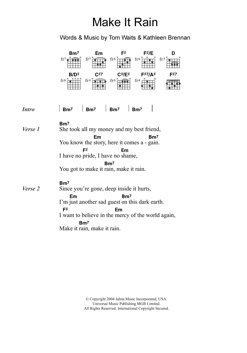 Download Tom Waits Make It Rain Sheet Music and learn how to play Lyrics & Chords PDF digital score in minutes