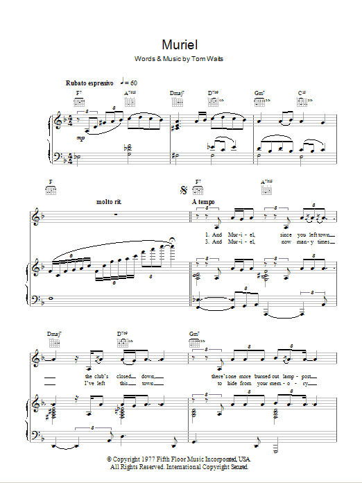 Download Tom Waits Muriel Sheet Music and learn how to play Piano, Vocal & Guitar (Right-Hand Melody) PDF digital score in minutes