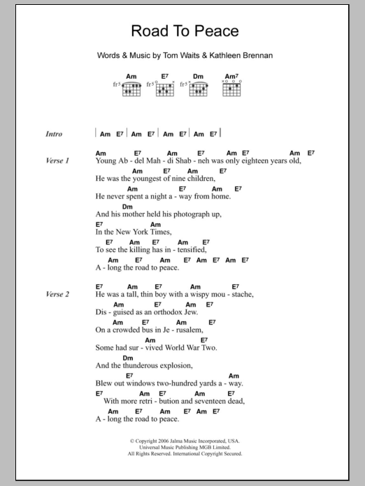 Download Tom Waits Road To Peace Sheet Music and learn how to play Lyrics & Chords PDF digital score in minutes