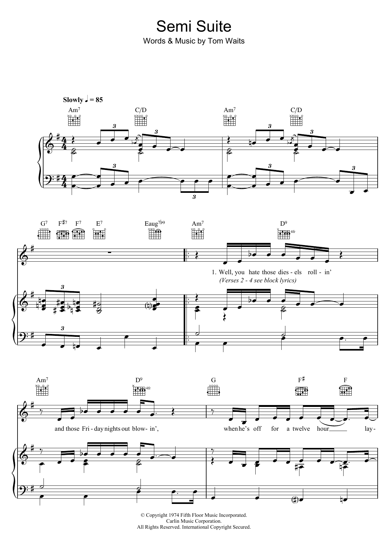 Download Tom Waits Semi Suite Sheet Music and learn how to play Piano, Vocal & Guitar (Right-Hand Melody) PDF digital score in minutes