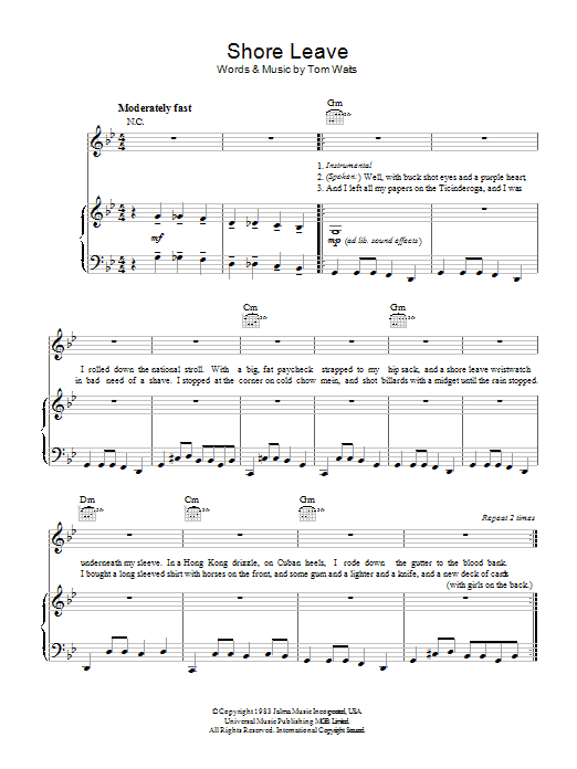 Download Tom Waits Shore Leave Sheet Music and learn how to play Piano, Vocal & Guitar PDF digital score in minutes