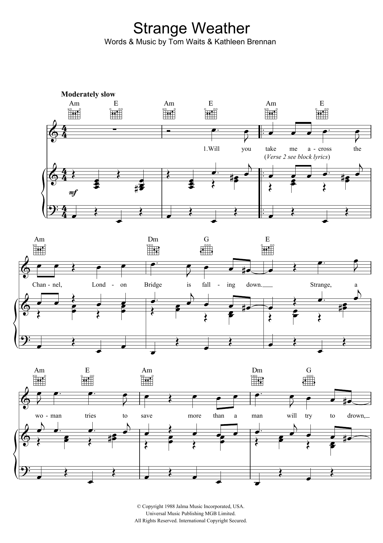 Download Tom Waits Strange Weather Sheet Music and learn how to play Piano, Vocal & Guitar PDF digital score in minutes