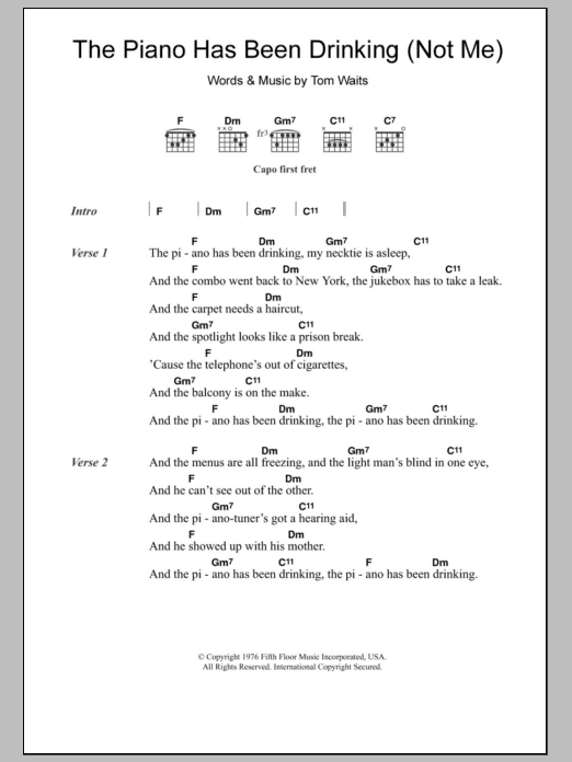 Download Tom Waits The Piano Has Been Drinking (Not Me) Sheet Music and learn how to play Lyrics & Chords PDF digital score in minutes