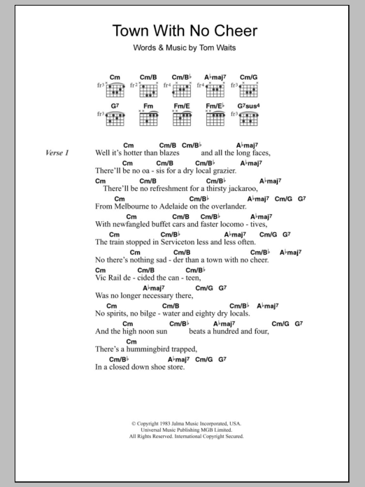 Download Tom Waits Town With No Cheer Sheet Music and learn how to play Lyrics & Chords PDF digital score in minutes