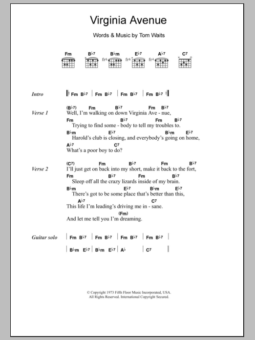 Download Tom Waits Virginia Avenue Sheet Music and learn how to play Lyrics & Chords PDF digital score in minutes