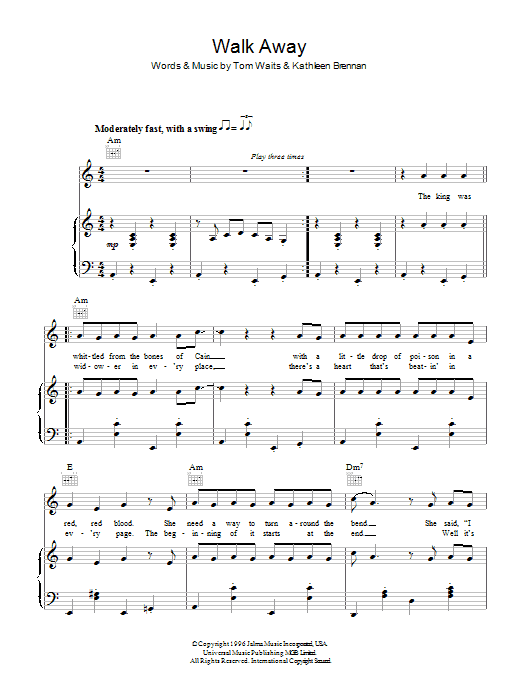 Download Tom Waits Walk Away Sheet Music and learn how to play Piano, Vocal & Guitar PDF digital score in minutes