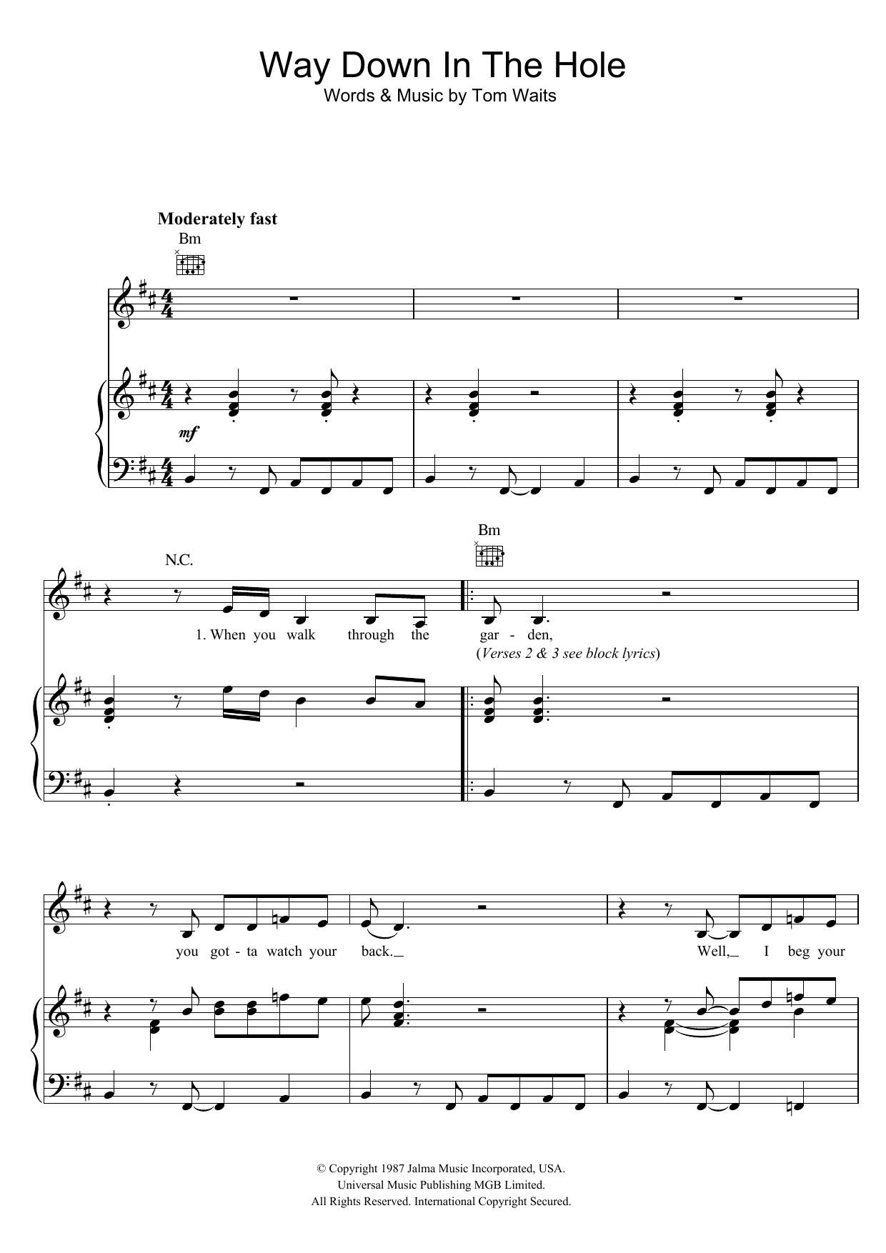 Download Tom Waits Way Down In The Hole Sheet Music and learn how to play Piano, Vocal & Guitar PDF digital score in minutes