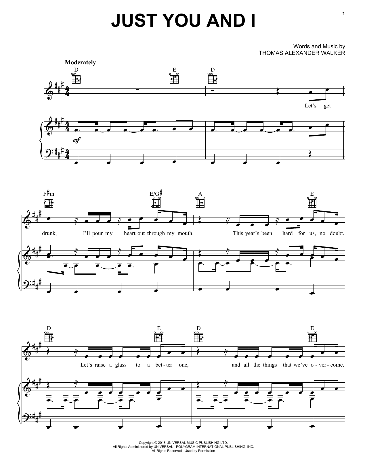 Download Tom Walker Just You And I Sheet Music and learn how to play Piano, Vocal & Guitar Chords (Right-Hand Melody) PDF digital score in minutes